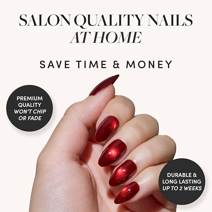 Valentines Day Glamnetic Press On Nails - Frosted Cranberry | Short Almond Fake Nails in Deep Red with Jelly Finish, Salon Quality Holiday Nails | 15 Sizes - 30 Nail Kit with Glue