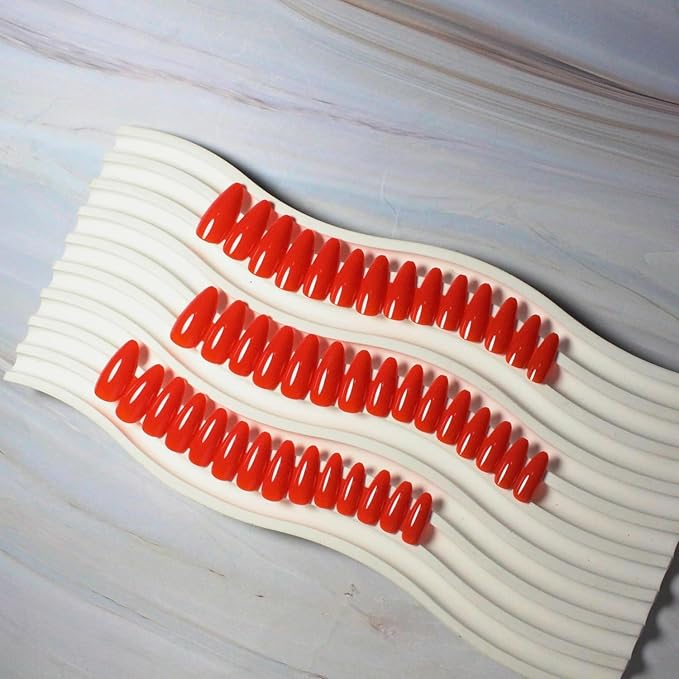 Red Press on Nails Almond Shaped 48Pcs Thick Fake Nails for Women, Medium Almond Nails Press on Reusable Acrylic Nails Glue on Medium Length Stiletto False Nails Gel Artificial Nails