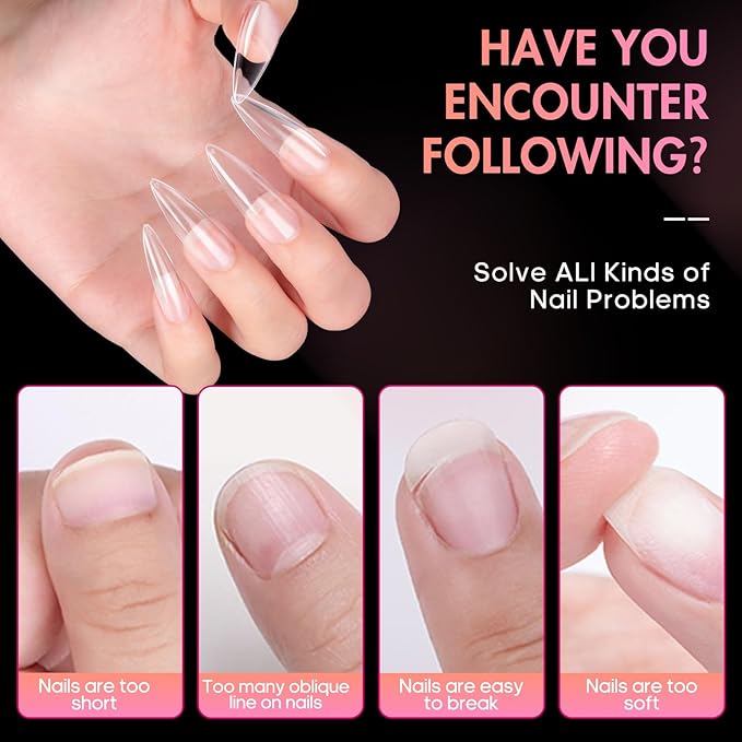 Ranrose Long Almond Nail Tips 240pcs Stiletto Soft Gel False Nails 12 Sizes Clear Full Cover Almond Shaped Press on Nail for Nail Extensions