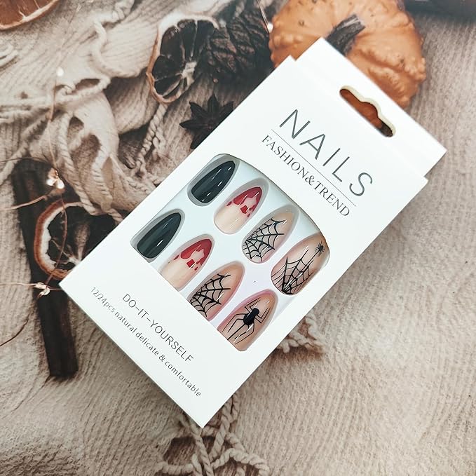 Halloween Press On Nails, Medium Almond Spider & Spider Web Acrylic Nails with Blood Drop Design, Full Cover Glossy False Nails, Stick On Jelly Press On Nails for Women & Girls, 24 Pcs