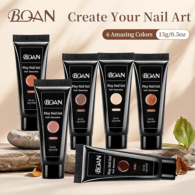 BQAN Poly Nail Gel Kit - 6 Shades Builder Gel for Long-Lasting Nail Extensions | 15ml Each | Salon-Quality DIY & Home Use | Low Odor (Brown 02, 0.5 Fl Oz (Pack of 6))