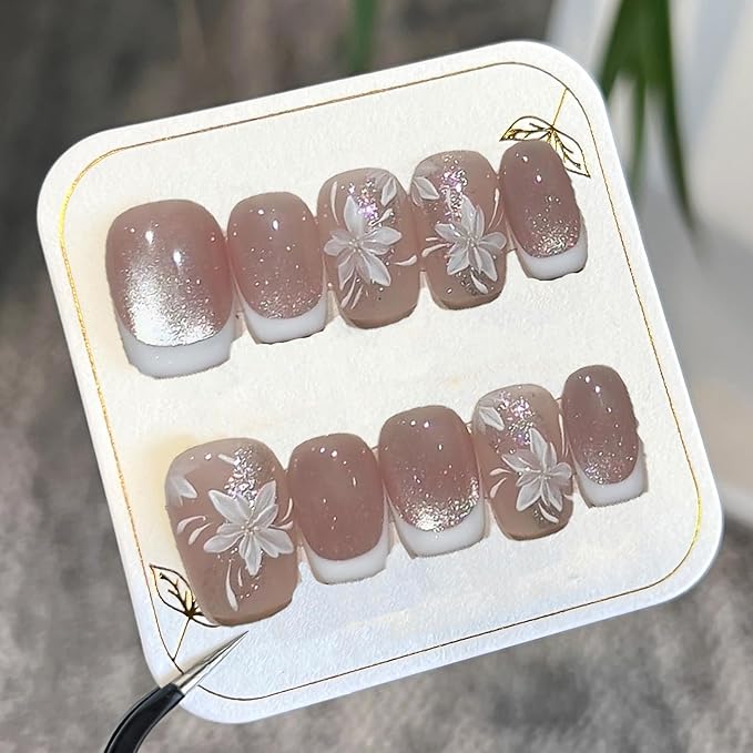 Handmade Press on Nails White French Press on Nails Short Square Fake Nails with Flower Designs Pink Sparkling False Nails Stick on Nails for Women DIY Accessories (Size S)