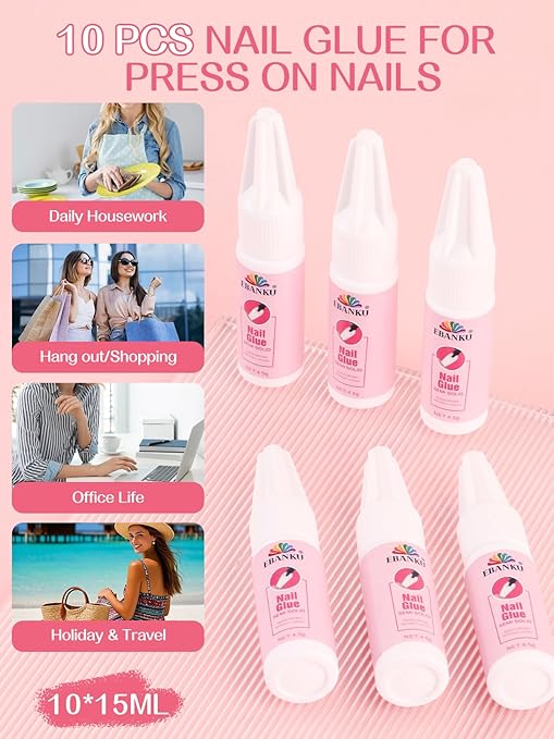 EBANKU Nail Glue Bulk for Press On Nails, 10PCS Super Strong Glue for Fake Nails Professional Adhesive Super Bond Fast Drying Glues Long Lasting No Need for UV Lamp (10 x 15ML)