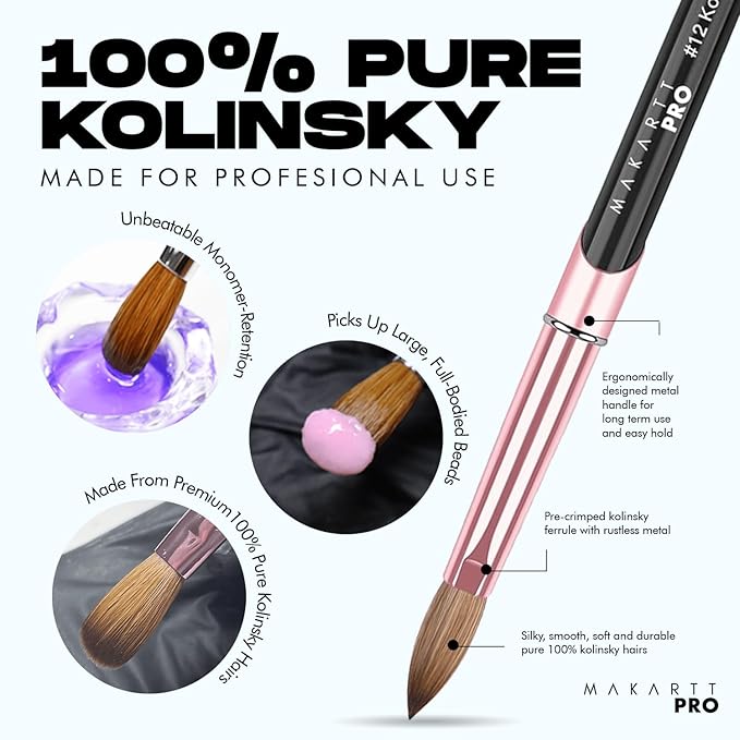 MakarttPro 100% Kolinsky Acrylic Nail Brush #12 – Pure Kolinsky Hair for Smooth Application, Monomer & Acetone Resistant Handle, Anti-Clogging, Durable Professional Nail Art Brush