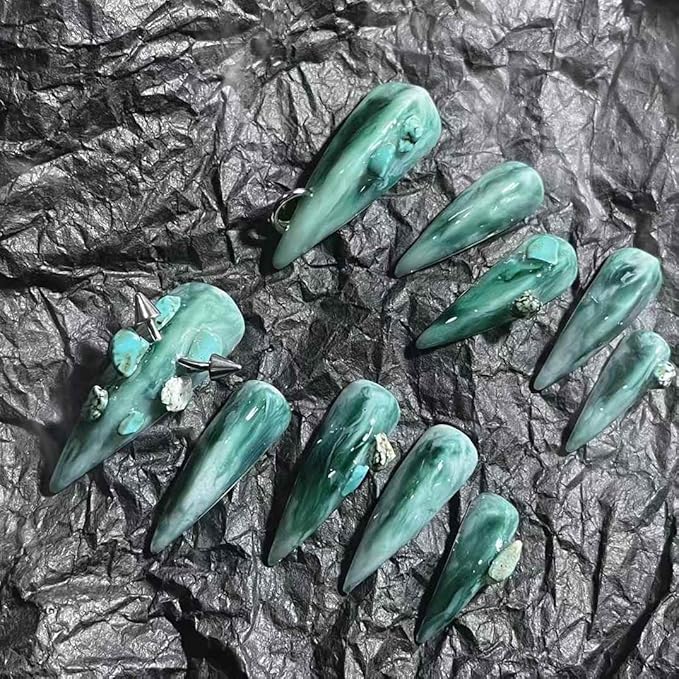 Handcrafted Press on Nails with Alien Themed Art Dark Fantasy Elements Easy Apply Reusable Fake Nails Size M