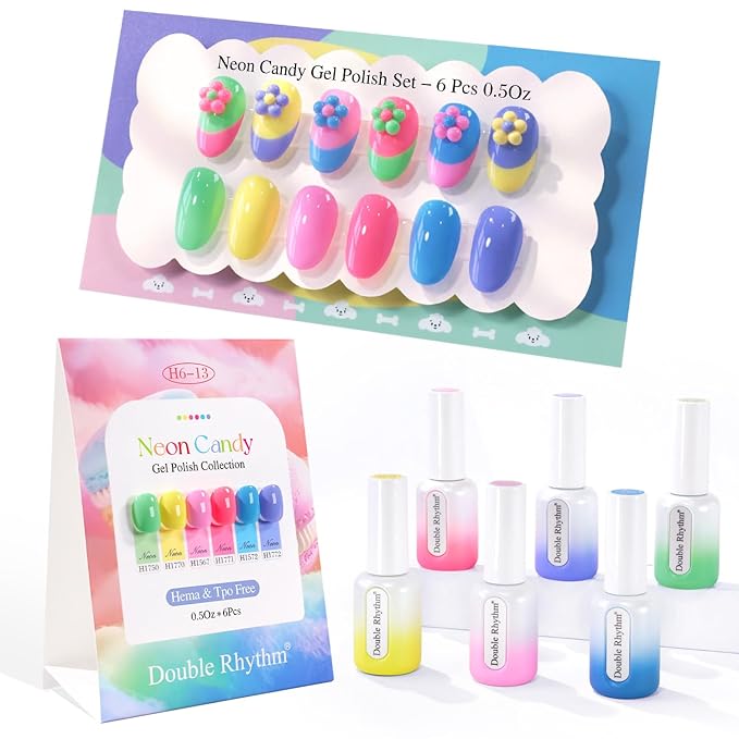 Double Rhythm 6 Pcs Hema Free Gel Polish Set 0.50 OZ Same Color Same Bottle Soak Off Neutral Natural Gel Polish Kit Nail Manicure Salon DIY at Home (Neon Yellow Green Pink Rose Blue Purple-H6-13)