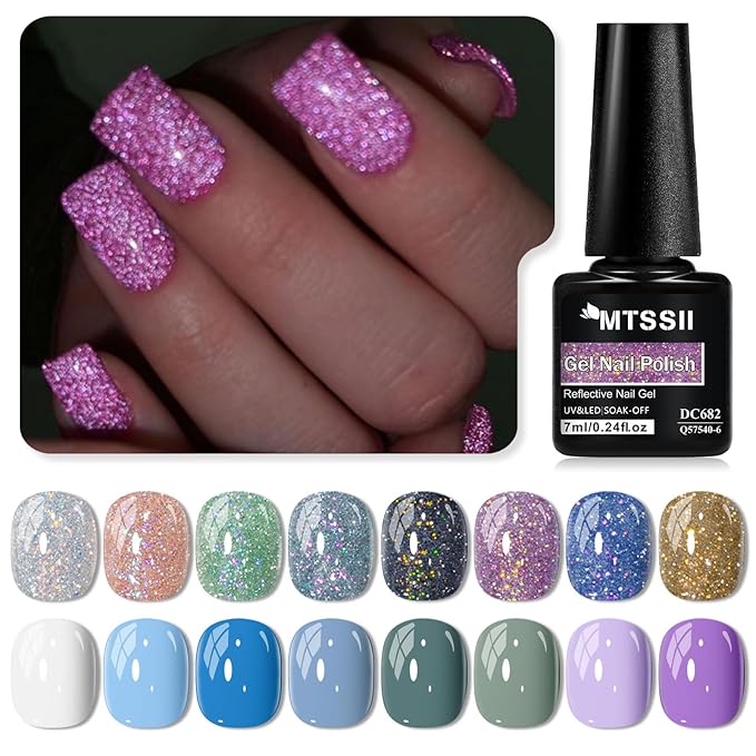 MTSSII Glitter Gel Nail Polish 18 Pcs Blue Purple Green White Gel Nail Polish with Base Gel Set Pink Blue Black Reflection Glitter Polish Kit for DIY Nail Art Women Gifts