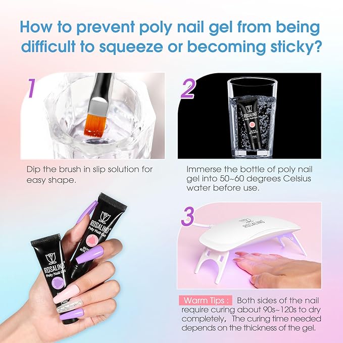 ROSALIND Poly Nail Gel, 6 Colors 0.34 oz/10 ml Poly Extension Gel Pink Blue Green Nail Enhancement Strong Builder Hard Gels for French Manicure Home Salon Design, Need U V/LED Lamp