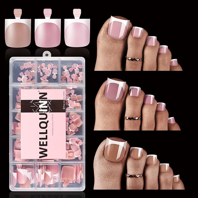 Press On Toenails, 180Pcs French Tip Toe Nails Sharp Square for Women Pre-Designed Soft Gel Thick False Toenail Extension, Brown Berry Pink Full Cover Acrylic Nails for Salon & DIY 15 Sizes