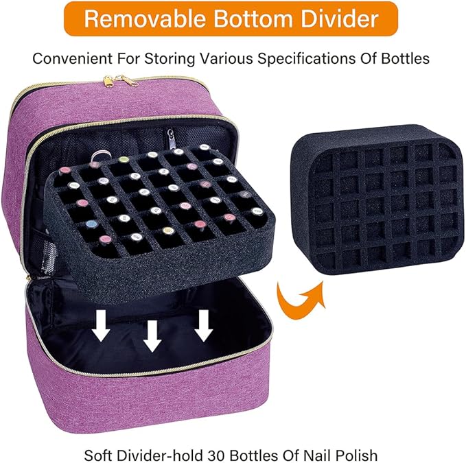 Nail Polish Organizer, Handheld Double Layer Organizer Holds 30 Bottles (15 ml/0.5 floz) with Adjustable Dividers for Nail Polish Small Manicure Lamp Manicure Tools Essential and Travel,Purple