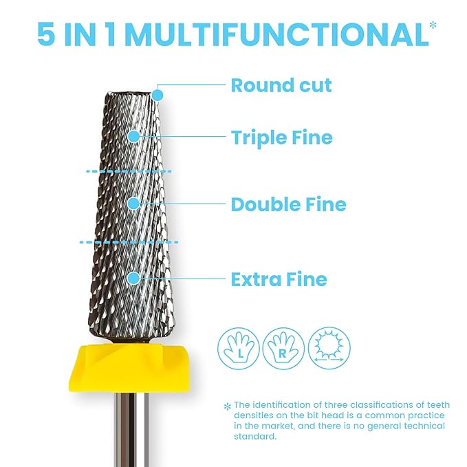 16mm 5 in 1 Tapered Barrel Nail Drill Bits, 3/32'' Safety Tungsten Carbide Bits, Right & Left Rotation, Manicure Cuticle Gel Acrylic Removal Polishing, Technicians Bits, Extra Fine