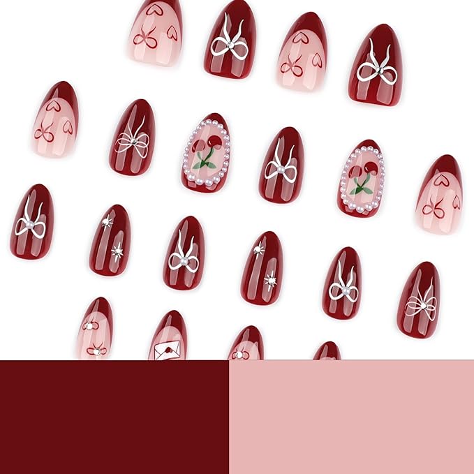 Red Press on Nails Almond - Short Fake Nails with Bow Heart Cherry Design - Winter False Nails Press ons - for Women 24 Pcs