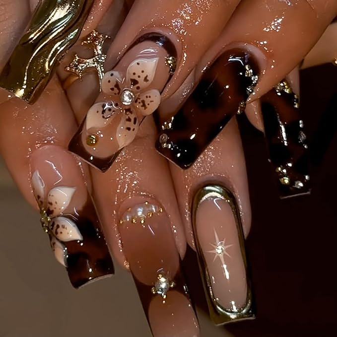 Brown Flower Press on Nails Long Square-Handmade Nails with 3D Chrome Gold Floral Rhinestones Designs Leopard French Tip Fall Nail, Autumn Winter New Year Fake Nails for Women, 24PCS