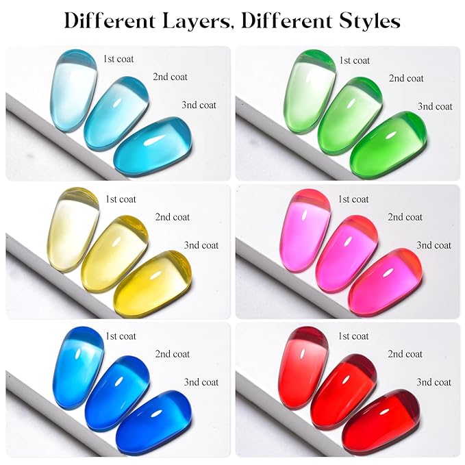 MTSSII 6Pcs Neon Jelly Gel Nail Polish Set Clear Crytal Glass Gel Polish Kit Iridescent Colors Transparent Nail Polish Pink Red Blue Green Yellow Nail Art Manicure DIY Gift