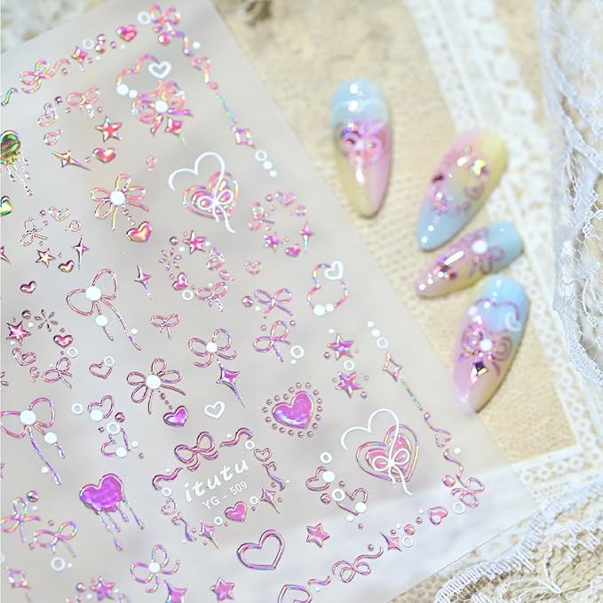 5D Embossed Valentines Day Nail Art Stickers for Nail Art Bow Nail Stickers with Pink Bow Star Heart Romantic Self Adhesive Design Cute Nail Decals Nail Art Supplies for Women Acrylic Manicure Tips