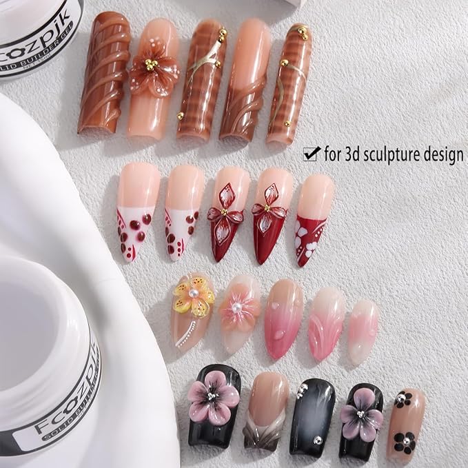 Hard Gel for Nails, 4 Colors Solid Builder Gel Kit with Silicone Carving Mold Clear Pearly White Brown Nude Pink 3D Sculpting Gels Flower Charms DIY Modeling Design Nail Salon Supplies