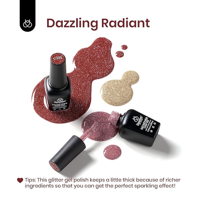 Beetles Glitter Gel Nail Polish, 6 Colors Holographic Sparkle Glitter Gel Polish Flash Diamond Sliver Gold Red Black UV LED Soak Off Manicure Gift for Women