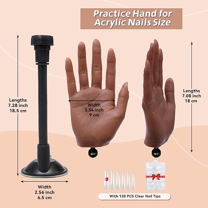 Veikmv Practice Hand for Acrylic Nails,Realistic Silicone Mannequin with Flexible Adjustable Fingers for Acrylic Nails,Gel Polish Training,Professional Nail Art Beginner Kit