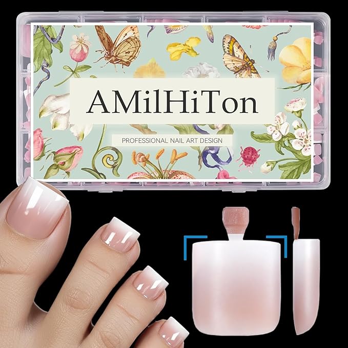 Sheer Blush French Tip Toe Nail Press Ons, 150PCS Square Full Cover Soft Gel Toe Nail Tips, 15 Sizes for Wide Toenail Beds, Pre-Shaped for DIY French Pedicure & Salon