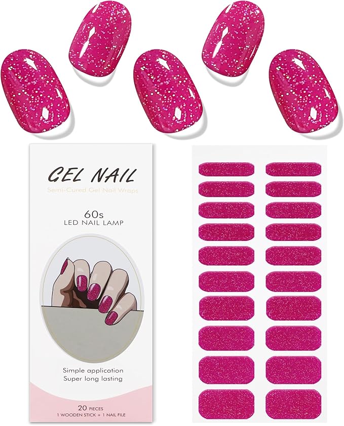 JMEOWIO Gel Nail Stickers Glitter Pink Semi Cured Gel Nail Strips Wraps UV/LED Nails Art Design Decoration Accessories