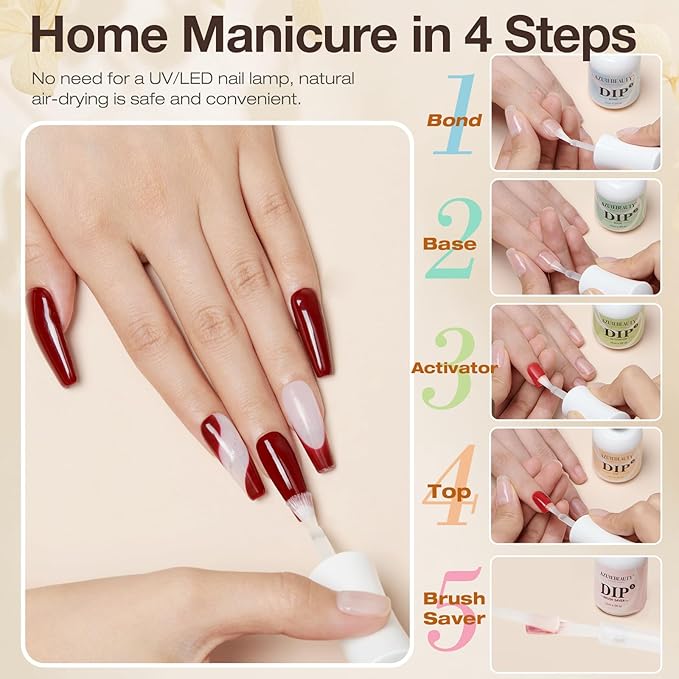 AZUREBEAUTY 5 Pcs Dip Powder Liquid Set - 15ml/0.5oz Large Capacity Dip Base Coat, Top Coat, Bond, Activator, Brush Saver for Dip Nail Kit Salon Home No Nail Lamp Needed