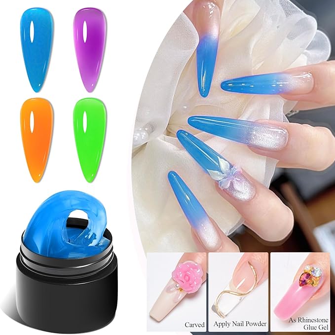 MEET ACROSS 9Pcs Neon 3D Builder Gel Kit for Nail Art Orange Green Blue Purple Non Sticky Hand Carving Extension Solid Builder Gel for Nails with Silicone Pen Manicure Kit 4 Colors