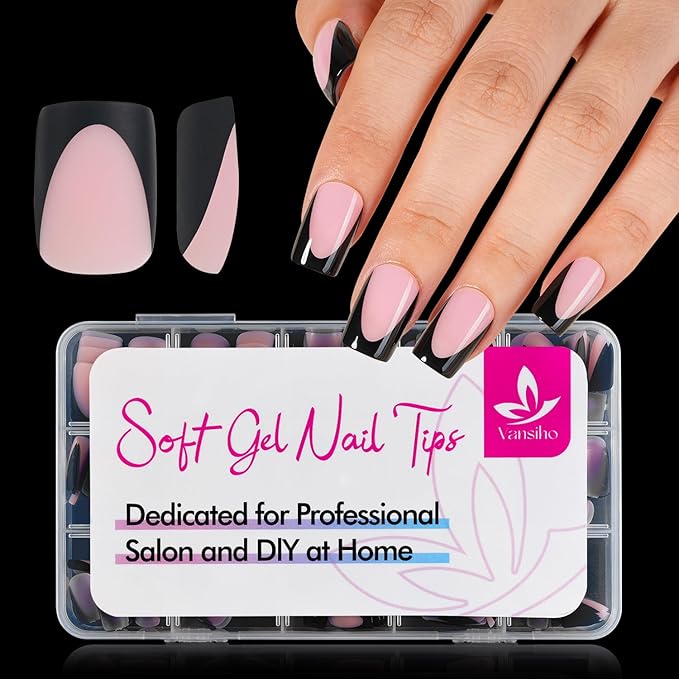 Vansiho Pink Black Deep French Gel Nail Tips, Short Square Soft Gel Nail Tips, French Tips Press on Nails, 150 Pcs Box of DIY False Nails, 15 Sizes