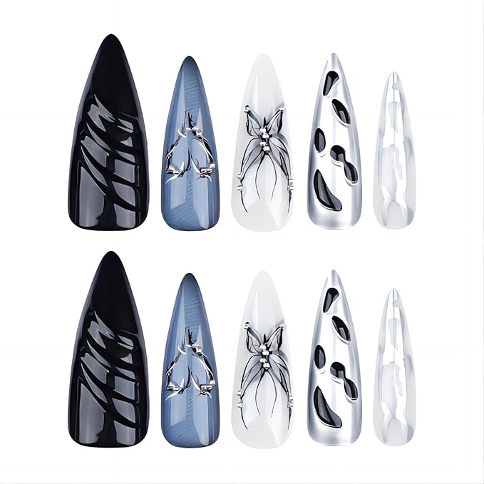 xl Almond Press on False Nails Long Tip Nails Press Ons Black Metallic Butterfly with Pearls Design Fake Nail Full Cover Gel False Nail Kit for Wemons 24pcs