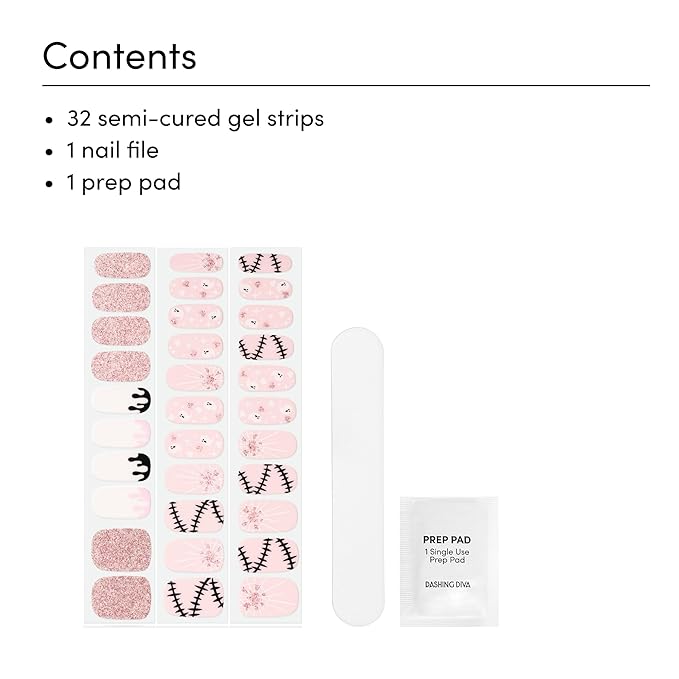 Dashing Diva Gloss Nail Strips - Kinda Cute, Kinda Scary - UV Free, Chip Resistant, Long Lasting Gel Stickers - 3-Piece Glow-in-The-Dark Manicure Set - Contains 32 Wraps, 1 Prep Pad, 1 File