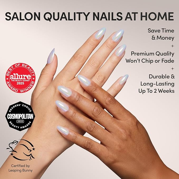 Glamnetic Press On Nails - Entranced | Short Almond White Holographic Fake Nails, Semi-Transparent, Salon Quality| 15 Sizes - 30 Nail Kit with Glue