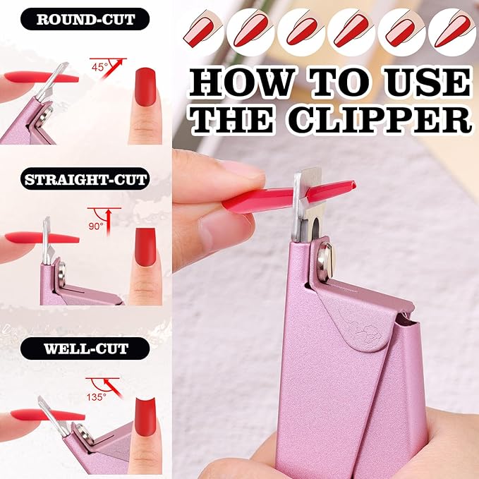 Light Pink(Matte) Adjustable Nail Clippers with Magnet Sizers for Acrylic Nails, Professional Stainless Steel Fake False Nail Tip Clipper Cutter Trimmer, Manicure Tool for Salon Home Nail Art