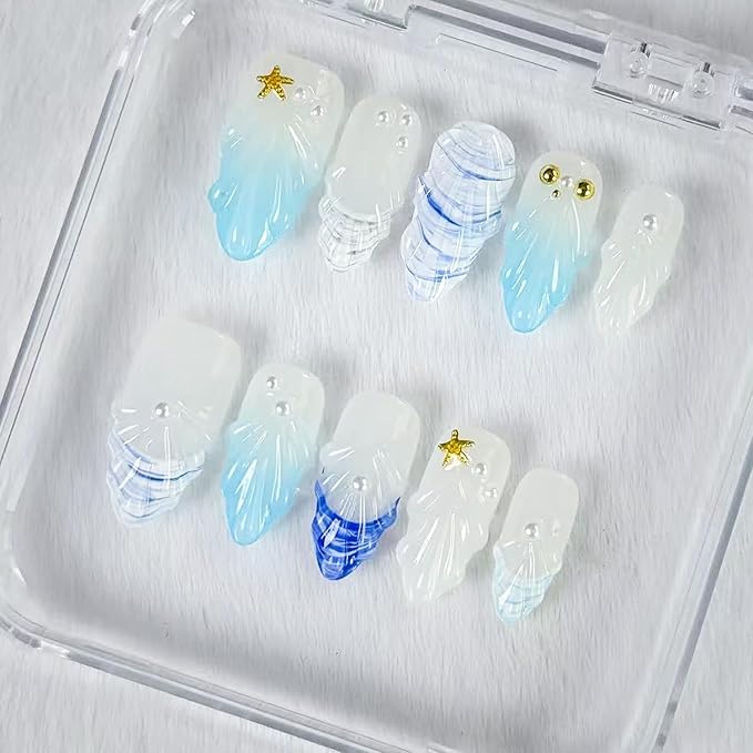 Medium Almond Press on Nails Handmade Nails with Glue,Handmade False Nails Ocean Nail Press ons with Shell Design Muti-Layer Gel Nail French Tip False Nails for Women (Size S)