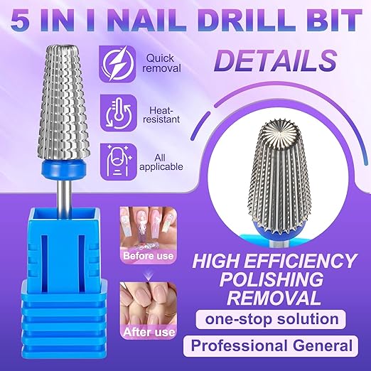 FANTEXY 3/32" Carbide Nail Drill Bits - 5 in 1 Cuticle Drill Bits for Nails, Gel Remover Drills Bit, Professional Nails File Bits for Old Skin and Nails, Manicure Pedicure Gel Polishing (Medium - M)