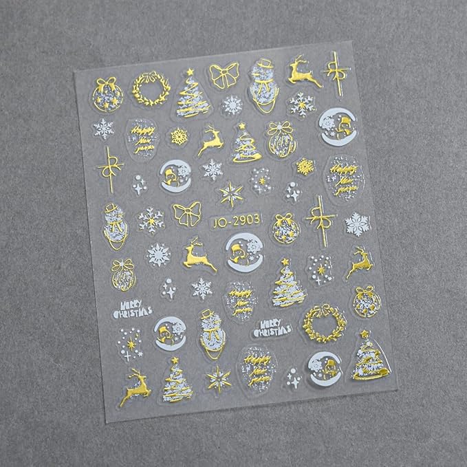 10Sheets Christmas Nail Stickers Embossed Gold Silver Christmas Tree Nail Decals Snowball Bow Elk Nail Supplies