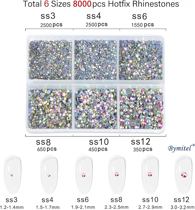 Bymitel Hotfix Crystal Rhinestones Round Gems for Crafts,Mixed 6 Sizes with Wax Pencil Kit, Crystal AB 1.3-3.2mm (SS3-SS12/8000pcs)