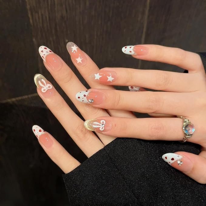 Valentine‘s Day Leopard Print Press on Nails - Gold Glitter French Tip & Bow Design, Medium Almond Nude Gradient Acrylic Fake Nails for Women (Sweet Leopard Chic, M)