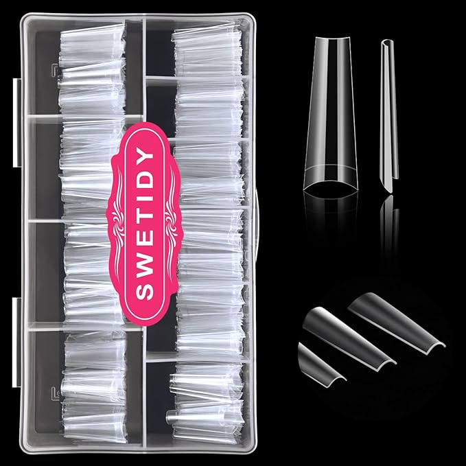 500pcs No C Curve XL Coffin Nail Tips, SWETIDY Clear Long Coffin Shaped Acrylic Fake Nails Flattened Half Cover False Nails with Box for Nail Salon Professional and DIY Nail Art 10 Sizes