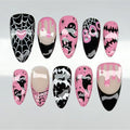 30Pcs Halloween Press on Nails Medium Almond French Tip Fake Nails with Black Ghost Bat Spider Web Design Glossy False Nails Full Cover Artificial Glue on Nails Pink Heart Stick on Nail for Women DIY