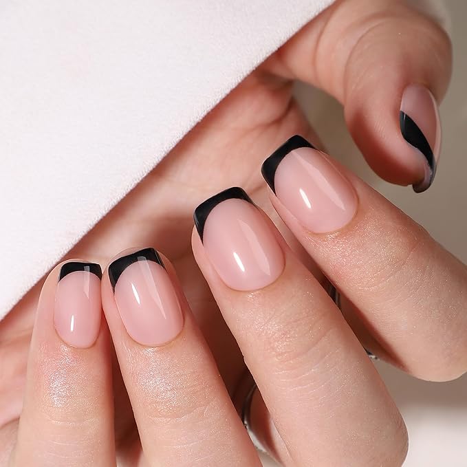 Press On Nails - Eclipse | Black French Tip, UV Finish Short Square Nails, Reusable | 32 Nails, 16 Sizes Kit with Glue and Adhesive Tabs I Female Founded