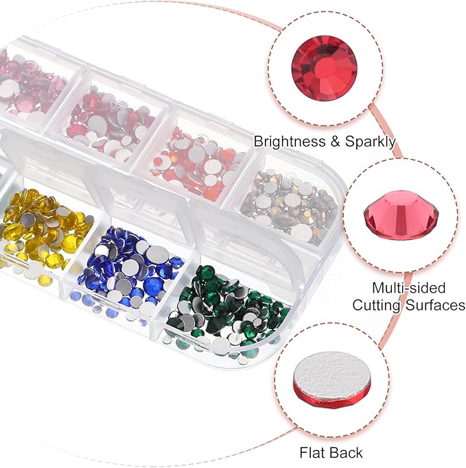 uxcell 1500Pcs Round Flatback Rhinestones Set, 6 Size Glass Flat-Back Crystal Diamonds with Tweezers and Picking Pen for Nail Art Makeup Crafts Fabric DIY Decoration, Multicolor