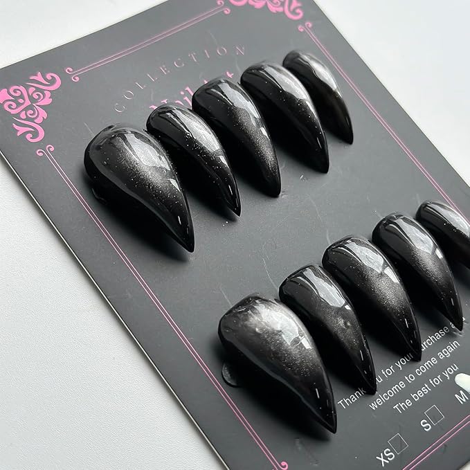 Luxury Press on Nails Medium Stiletto Handmade Eagle Claw Unique Reusable ABS Material Black Fake Nails Dragon Cat Claw False Nails with Glitter Designs Glossy Glue on Nail Thick Acrylic Nail(M)