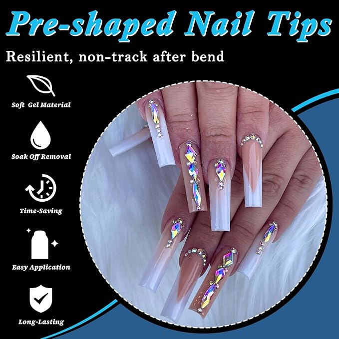 510pc Long Square Nail Tips, Soft Gel Nail Tip Square Long Fake Nails Artificial Fingernail, 15 Sizes Full Cover Clear Press on Nail Acrylic Nails Tips for Nail Extensions, Press on Nails Making
