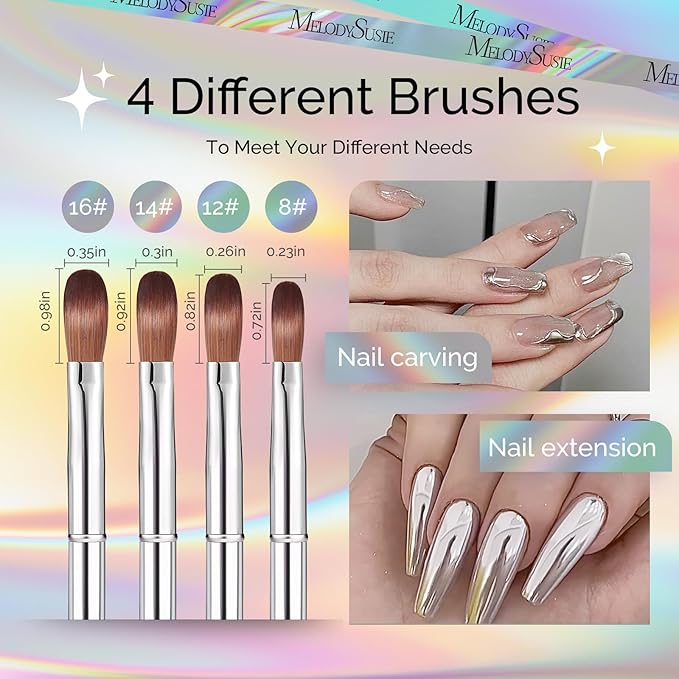 MelodySusie 4-Piece Acrylic Nail Brush Set - Sizes 8/12/14/16 for Acrylic Application, Powder Extension & 3D Nail Carving