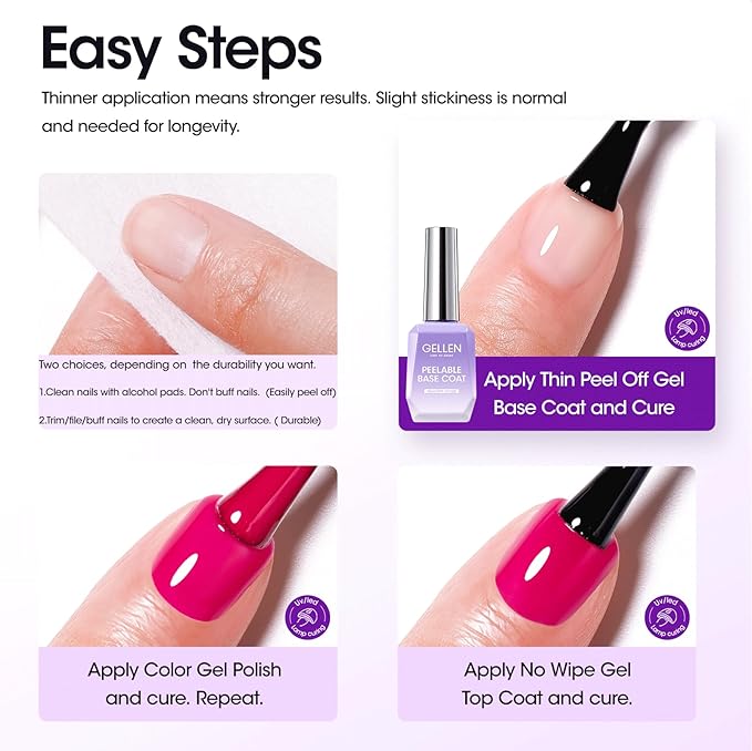 GELLEN Peel Off Gel Base Coat and Top Coat Set, Peelable Base Gel without Soaking, Clear Top Coat Nail Polish, UV LED Lamp Needed, Home DIY Nail Art Manicure Set