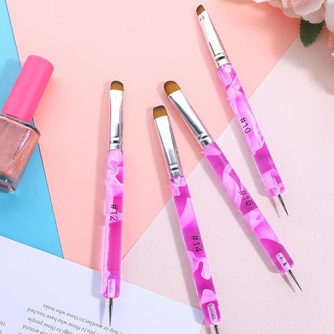 4pcs French Gel Acrylic Nail Art Brush Two Way Nail Art Brush with Dotting Professional Manicure Tool for Manicure Cuticle Clean up Detailed Designs Nail Dotting Pen (10#, 12#, 14#, 16#)
