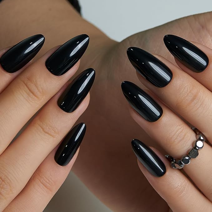 CurvLife Black Press On Nails Long Almond, Soft Gel Salon Quality False Nails with Glue, Long Lasting Daily Nail Tips for Women