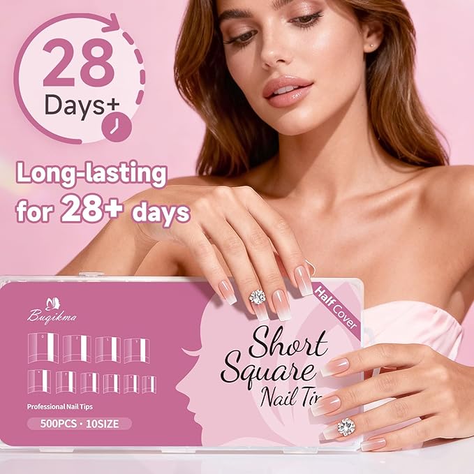 Buqikma 500PCS Short Nail Tips for Acrylic Nails - Clear False Short Artificial Tips for Manicure with Box（Pink Box with Tips）
