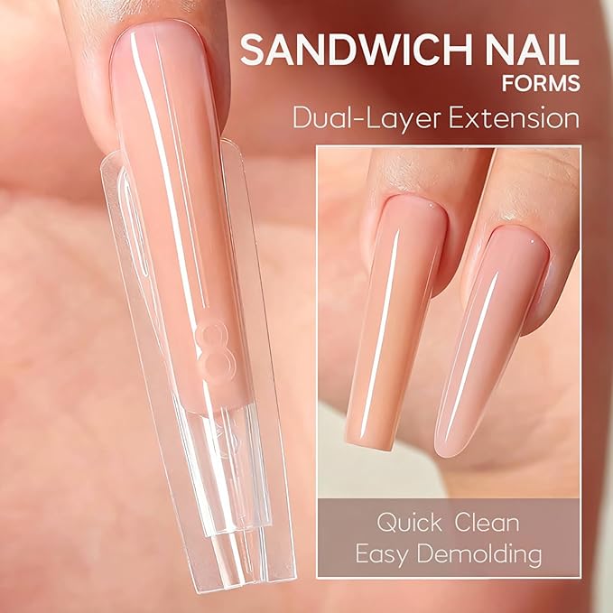 Sandwich Nail Dual Forms for Builder Gel, 240Pcs 15 Sizes Long Coffin Forms Kit – Prevents Gel Stacking & Warping, Beginner-Friendly Reusable Nail Molds for Quick Salon Extensions