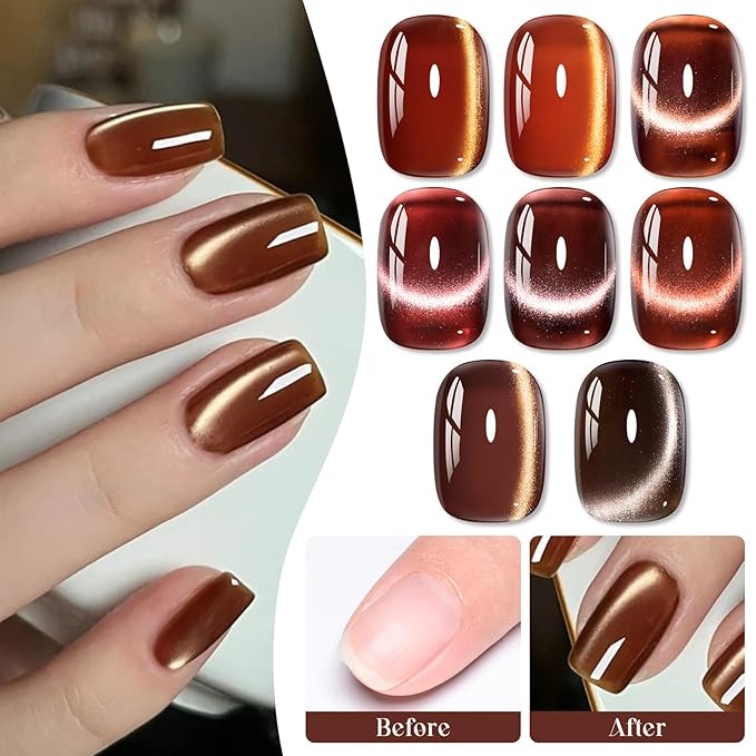 MEET ACROSS 9Pcs Glitter Cat Eye Gel Nail Polish Set Amber Brown Magnetic Cat Eye Gel Polish with Magnet, Brown Series Fall Winter Manicure Salon Gift for Women