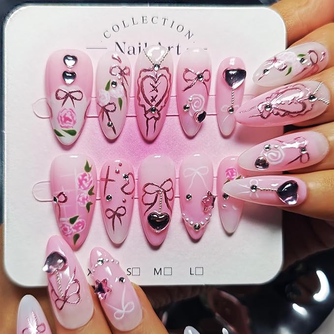 Handmade Acrylic Press On Nails Almond, Pink Press On Nails Medium, Ombre Nails Heart Rhinestone Flower For Women Gift, Reusable Stick On Fake Nails Kit With Nail Glue (Pink Romance-S)